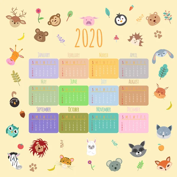 Kalendarz Zwierząt 2020 Piękne Słodkie Zwierzęta Płaskie Postacie Kreskówek — Wektor stockowy