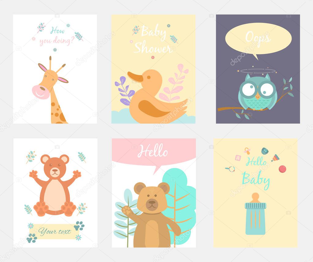 Set of invitations to baby shower, greeting card, giraffe, duck, owl, bear, soft toy and dummy