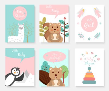 İçinde sevimli hayvanlar olan bebek partisi posterleri. Tebrik kartı, alpaka, yer sincabı, kunduz, penguen, melek ve çocuk oyuncakları..