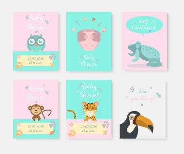 İçinde sevimli hayvanlar olan bebek partisi posterleri. Tebrik kartı, tukan, baykuş, kurbağa, maymun, gipard ve bebek bezi..