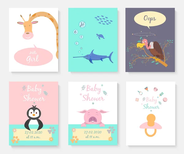 Zestaw Plakatów Baby Shower Uroczymi Zwierzętami Karta Okolicznościowa Sęp Ryby — Wektor stockowy