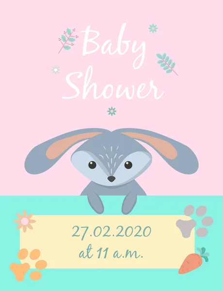 Baby Kaarten Voor Baby Douche Hare Ansichtkaart Feestsjablonen Blauw Roze — Stockvector