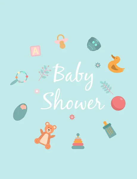 ベビーシャワー用のベビーカード 魅力的な動物と青とピンクのポストカードやパーティーテンプレート — ストックベクタ