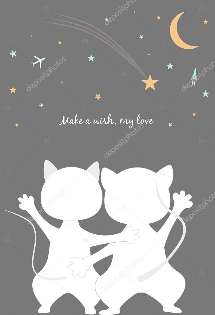Cute postcards of cats looking at the sky. Declaration of love. Make a wish. A star is falling.