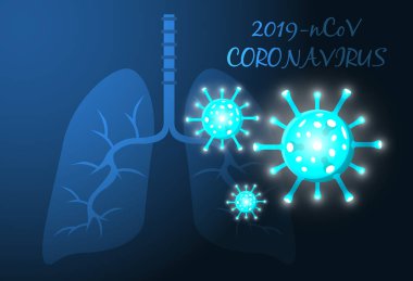 Mavi fütürist arka planda Coronavirus Covid-2019 hologramı. Ölümcül virüs türü 2019-nkov. Koronavirüs bakterisinin 3D modelleri