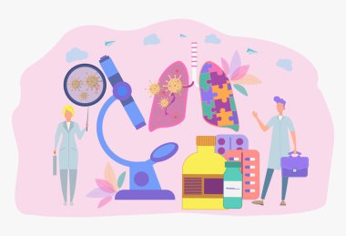 Coronavirus Covid-2019 'un teşhisi ve tedavisi. Doktorlar 2019 nkov virüsünün ölümcül türünü teşhis etti. Küçük bilim adamları virüsü inceliyor..