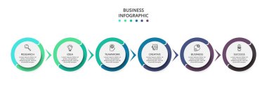 Grafik, diyagram 6 adımları, seçenekleri, parçalar veya işlemlerin daire unsurları. Infographic, sunum için şablon.