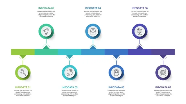 Concept créatif pour infographie avec 7 étapes, options, pièces ou processus. Visualisation des données d'entreprise . — Image vectorielle