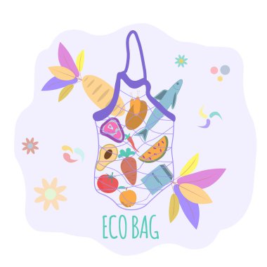 Ürünlerle dolu bir ekolojik çanta. Hızlı nakliye. Sağlıklı beslenme konsepti. Plastiğe hayır. Çevrimiçi mağaza.