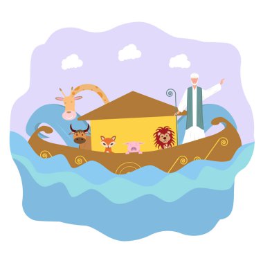 Nuh, gemide hayvan taşıyor. Nuh 'un Gemisi. İncil hikaye tasarımı konsepti.