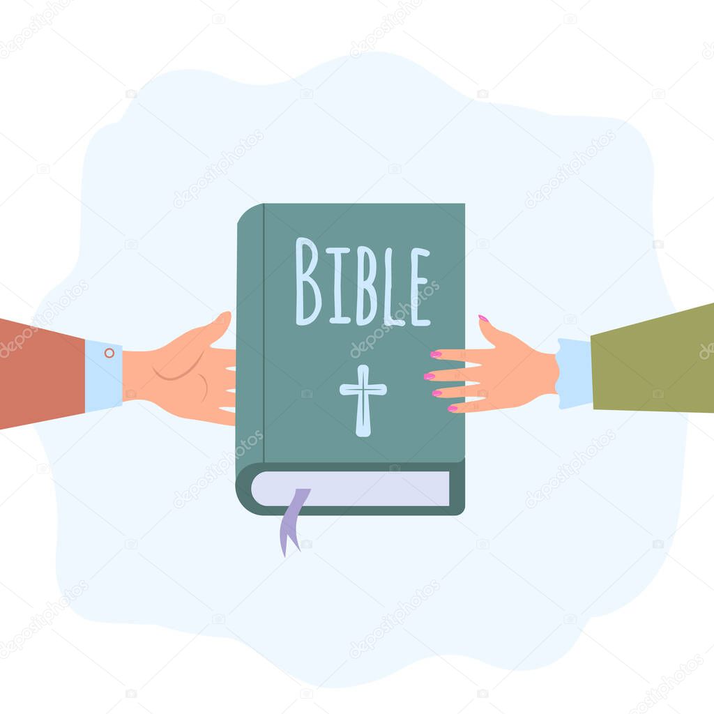 Hand giving a bible. God gives people hope. The Word of God. Christianity. The number of believers is growing. Jesus Christ. Holy places. Bible study concept.