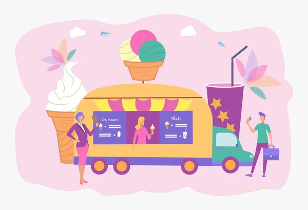 人们吃冰淇淋和摇晃 轮子上的快餐街头食品 城市食品卡车 街头食品节概念 — 图库矢量图片