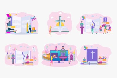 Set illustrations. The pastor conducts online service to God. Online sermon system, the concept of studying the word of God. Personal blog of a pastor or priest. clipart
