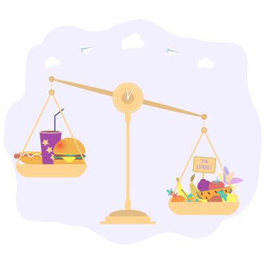 Sebze ve meyveli pullar. Fast food ile tartılıyor. Meyveler, bahçeler, hasat, organik ürünler. Sağlıklı beslenme konsepti. Abur cuburu reddetmek.