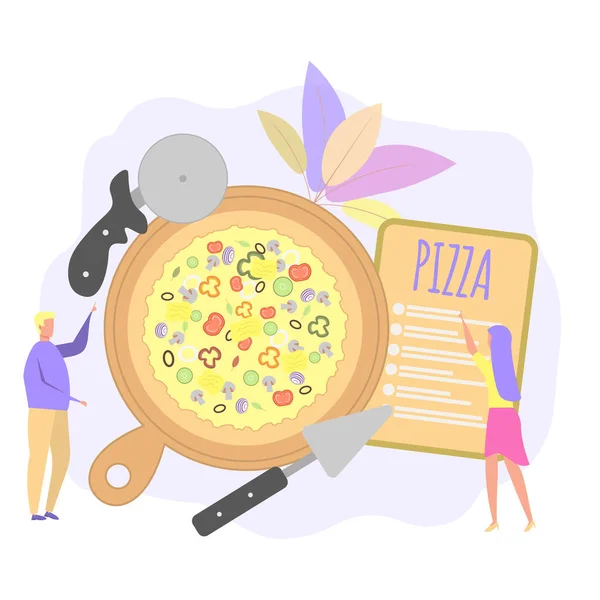 Pizzería Concepto Restaurante Pizza Familiar Gente Pequeña Pide Comida Restaurante — Vector de stock