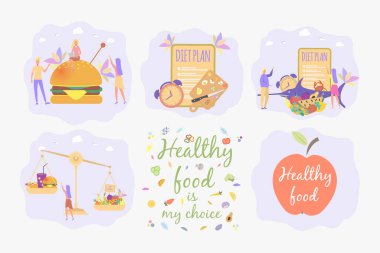 6 çizimden oluşan bir set. Sağlıklı beslenme ve fast food yemeyi reddetme kavramı. İnsanlar fast food yiyor. İnternetten pizza sipariş ediyorum. Logo.