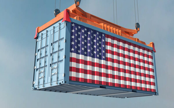 Freight container with USA Flag design hanging on a spreader - 3D Rendering