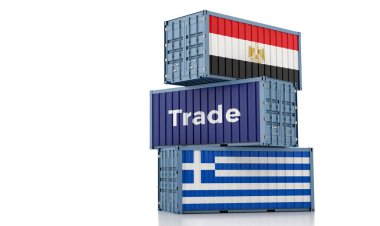 Mısır ve Yunanistan bayrağı taşıyan konteynır. 3B Hazırlama