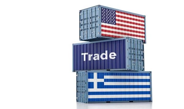 Freight container with Greece and USA flag. 3D Rendering