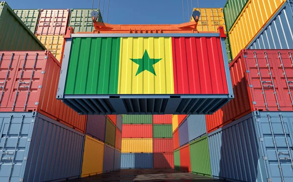 Container Terminal Frakt Container Med Senegal Flagga Återgivning — Stockfoto