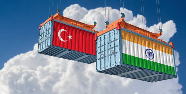 Shipping containers with India and Turkey flag. 3D Rendering 