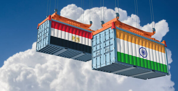 Shipping containers with India and Egypt flag. 3D Rendering 