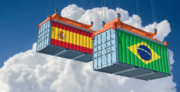Вантажні Контейнери Прапором Іспанії Бразилії Рендерінг — стокове фото