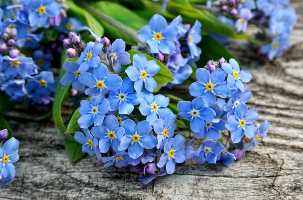 Buquê de azul esqueça-me em um fundo de madeira — Fotografia de Stock