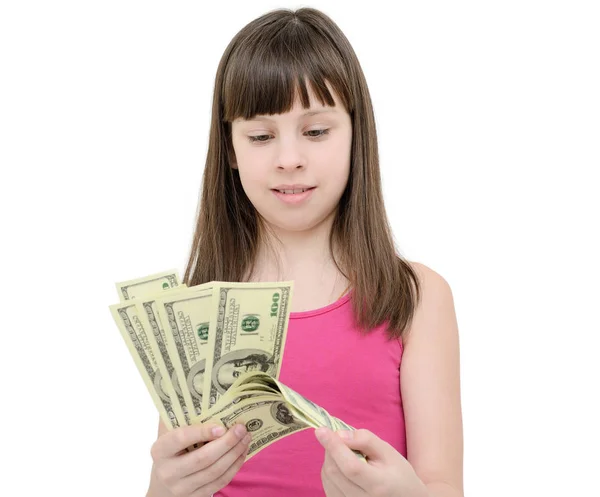 Chica en asombro celebración de dinero sobre fondo blanco — Foto de Stock