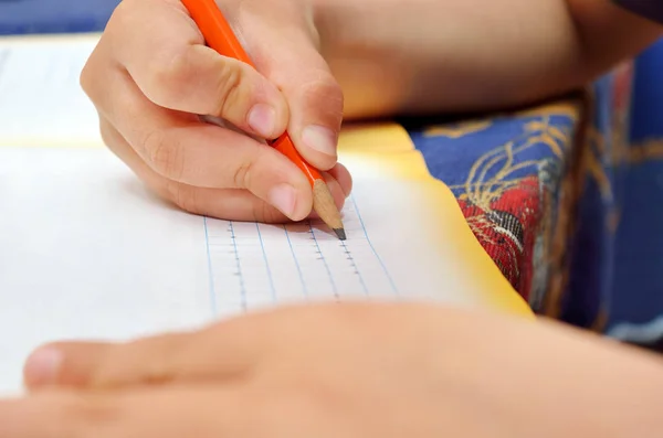 Il ragazzino scrive diligentemente con una matita nel suo quaderno. Pres. — Foto Stock