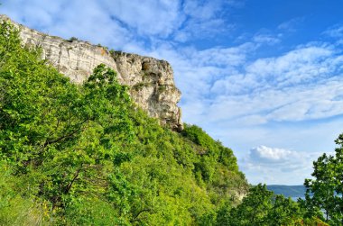 Kayalar ve mavi gökyüzü karşı orman
