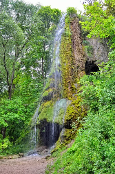 stock image Waterfall with a cave among a green garden