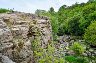 Bir bulutlu gökyüzü arka plan bir kanyonda yeşil ağaçlar