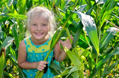 Yüksek, yeşil Mısır arasında küçük, neşeli bir kız