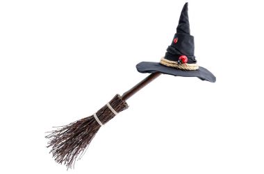 Magic Broom and Witch Hat on a White Background clipart