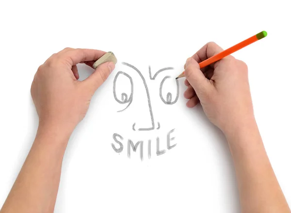 Manos Artista Dibujan Una Sonrisa Papel Blanco —  Fotos de Stock