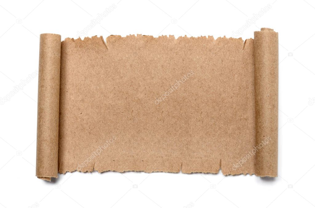 Ancient scroll of paper on a white background.