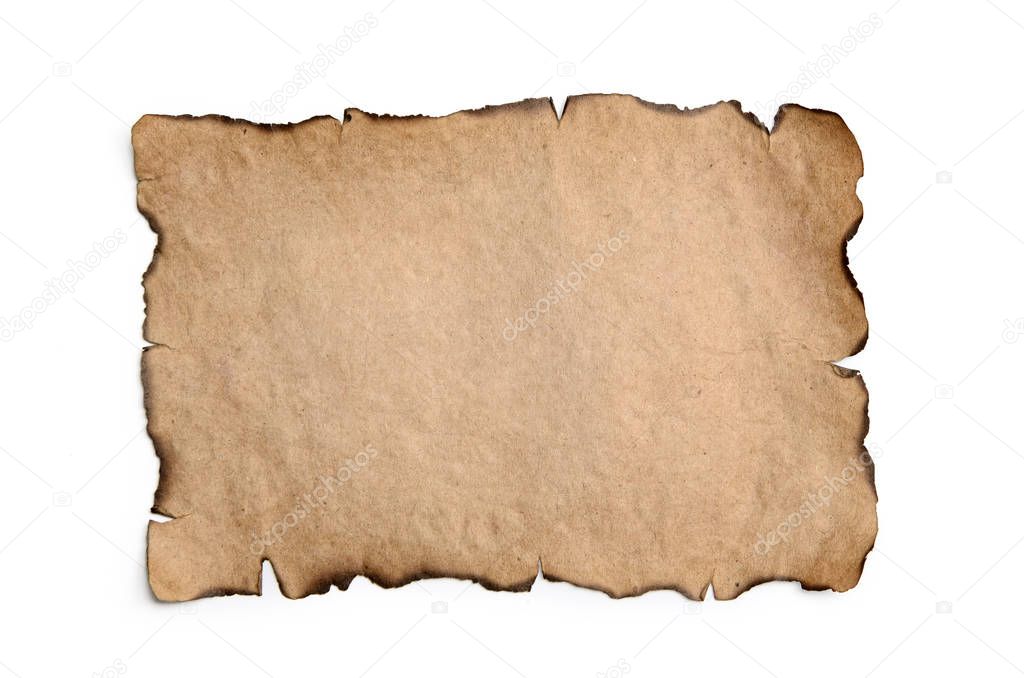 Sheet of burnt, vintage paper isolated on a white background.