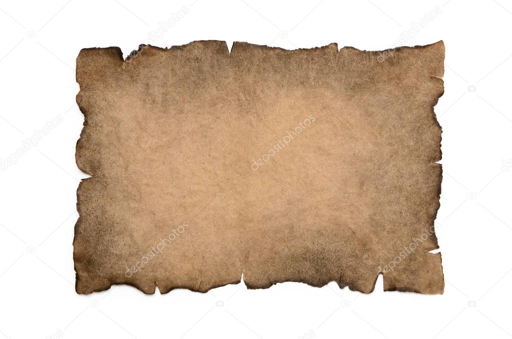 Sheet of burnt, vintage paper isolated on a white background.