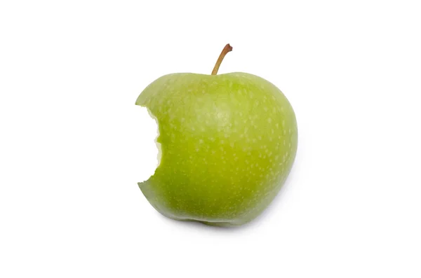 Ένα Μισοφαγωμένο Πράσινο Μήλο Απομονωμένο Λευκό Φόντο — Φωτογραφία Αρχείου