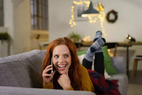 Happy woman talking by phone — Stock Photo, Image