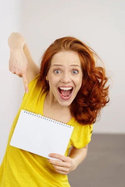 Woman pointing to blank notebook — Stock Photo, Image