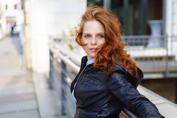 Thoughtful serious young redhead woman — Stock Photo, Image