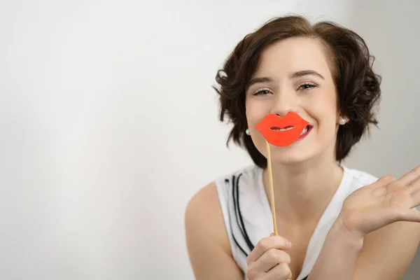 Laughing young woman with red party lips — Stock Photo, Image