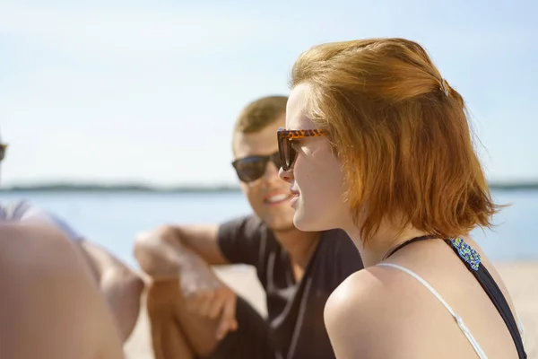 Young Redhead Woman Chatting Friends Beach Stock Image