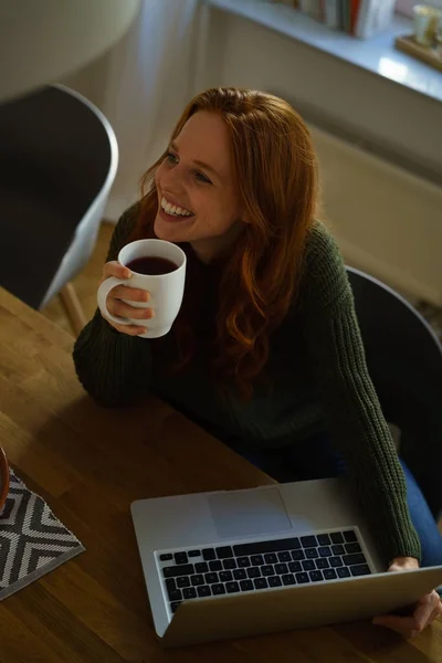 Young cheerful woman drinking tea — Stock Photo, Image