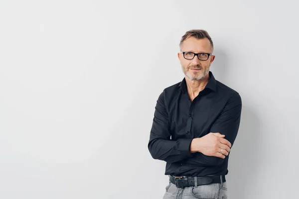 Relaxed Middle Aged Man Wearing Glasses Standing Folded Arms White — Stock Photo, Image