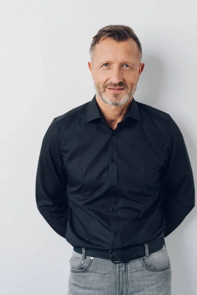 Serious Attractive Casual Middle Aged Man Posing His Hands His — Stock Photo, Image