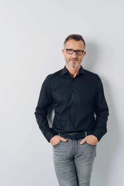 Attractive Trendy Casual Middle Aged Man Wearing Glasses Standing His — Stock Photo, Image
