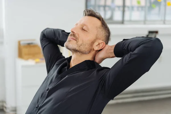 Businessman Relaxing His Eyes Closed Hands Clasped His Neck Sits — Stock Photo, Image